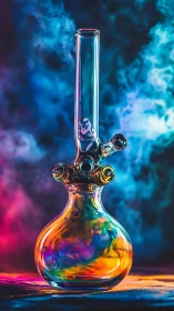 Glass bong stands against colorful smoke and neon light