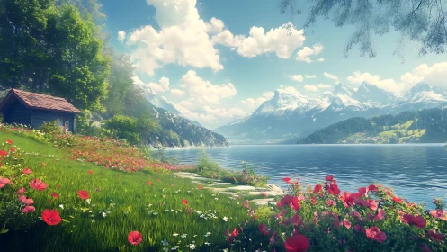 Alpine lakeside meadow with red wildflowers in spring light.