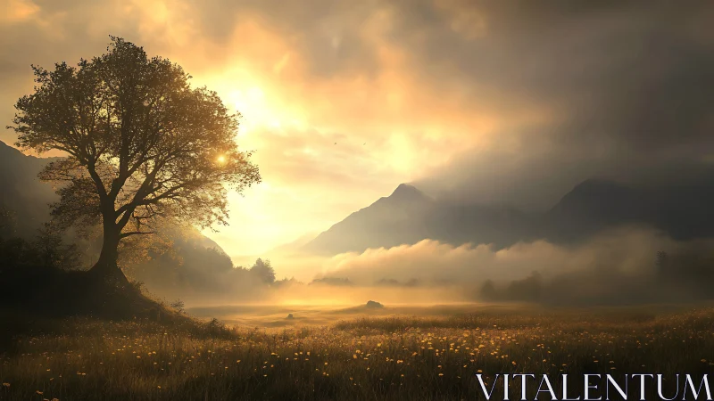 Sunlit fog layers extend across a valley beneath mountains