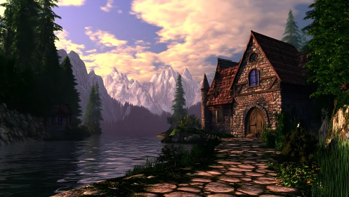 Medieval Stone Chapel by Alpine Lake at Sunset.