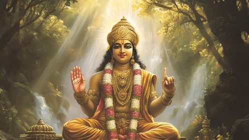 Digital painting of serene Hindu deity in luminous forest setting.