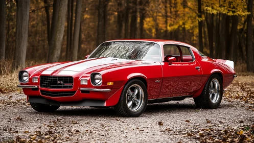 Red classic coupe is parked on gravel in a forest setting