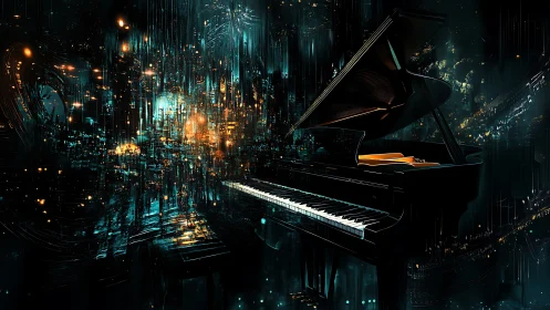 Grand piano set in luminous abstract cyber cityscape.