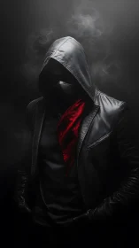 Mysterious hooded figure stands in shadows with red scarf