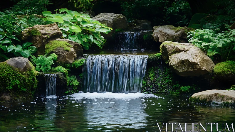 Tranquil garden waterfall with lush greenery and natural rocks.