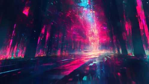 Neon-saturated cyber corridor with volumetric light and motion blur