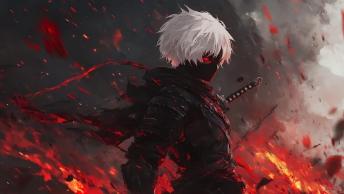 Fiery white haired warrior standing bold in swirling embers.