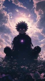 Shadowborn wanderer crowned in stormlit celestial bloom.