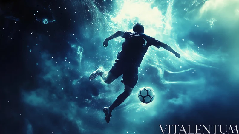Starlit soccer dreamer diving through cosmic turquoise clouds.