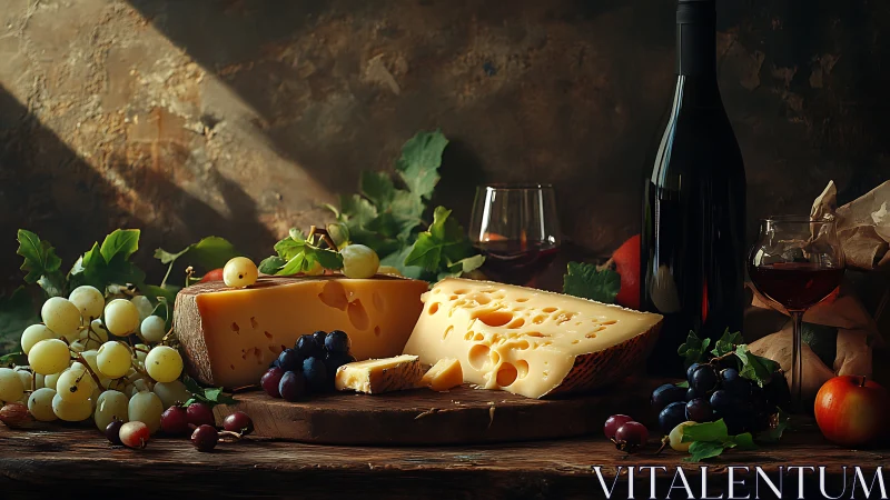 Golden cheese, ripe grapes, and cozy wine night still life.