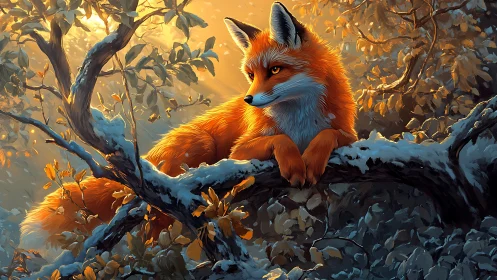 Digital fox portrait over snowy branch in autumn forest.