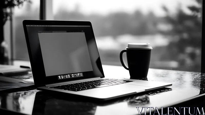 Monochrome laptop workstation with takeaway coffee by window