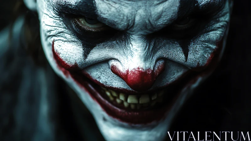 Sinister clown close-up radiates chilling, menacing energy
