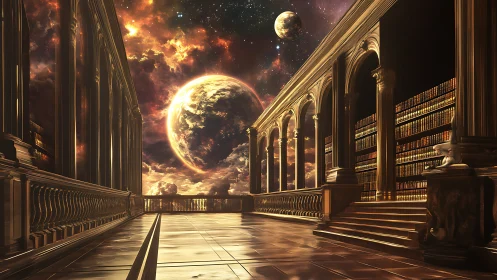 Celestial marble library with luminous planetary horizon.