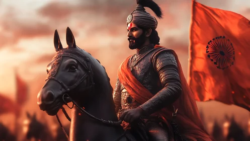 Photorealistic armored Indian warrior on horseback at sunset