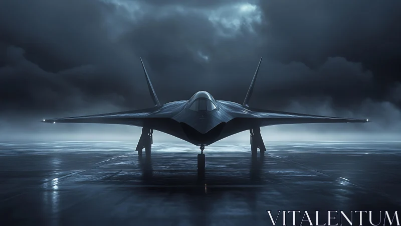 Stealth fighter jet stands on wet runway under storm clouds