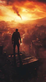 Silhouetted figure surveys dense city under smoke-filled sky
