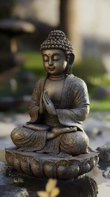 Meditating Buddha statue rests serenely in lush garden.