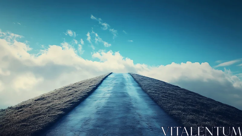 Wet hilltop road rising toward bright blue clouded sky.