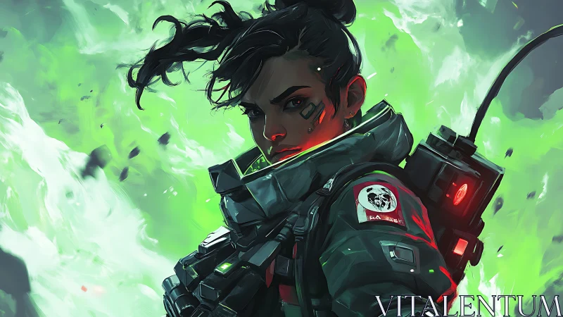 Combat pilot in neon toxic storm, intense sci‑fi portrait.