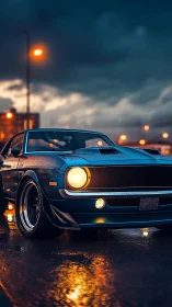 Midnight muscle car glowing against a rainwashed city street.