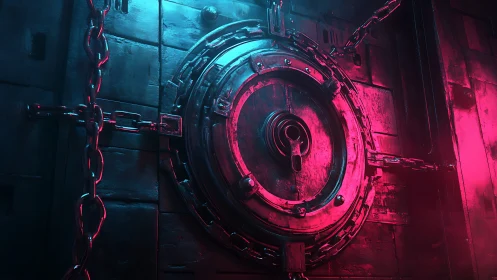 Neon cyber vault door with chains and circular lock.