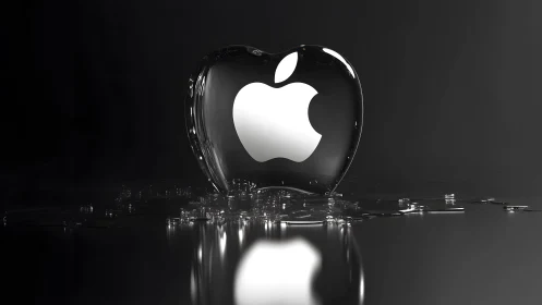 Glass Apple Logo Sculpture on Dark Reflective Surface, Futuristic Style.