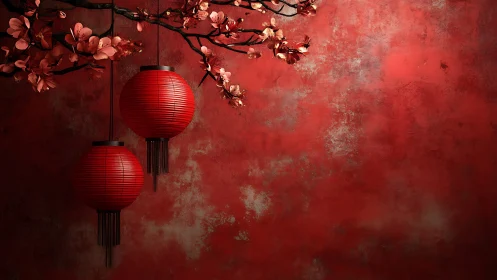 Red paper lanterns and cherry blossoms on textured wall.