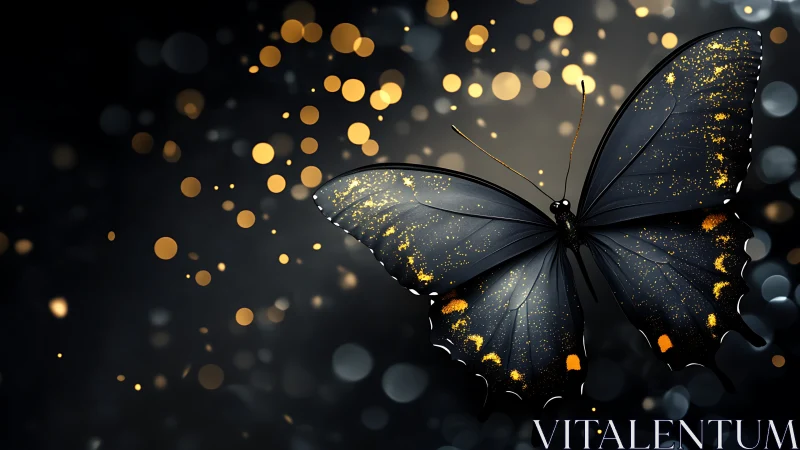 Gilded midnight butterfly amid luminous bokeh haze.