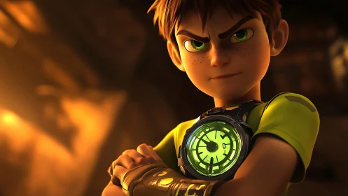 Boy with illuminated wrist device stands in warm lighting