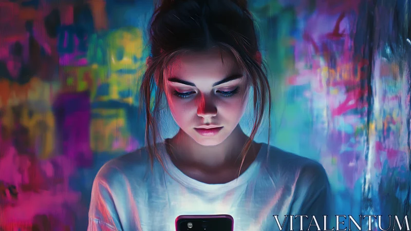 Soft neon glow wraps a thoughtful girl lost in her phone