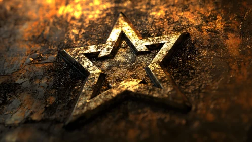 Metallic 3D Star on Grunge Textured Surface, Warm Lighting.