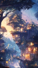 Vertical fantasy treehouse village with luminous lantern networks.