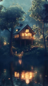 Enchanting lakefront cabin glows warmly in misty forest night.