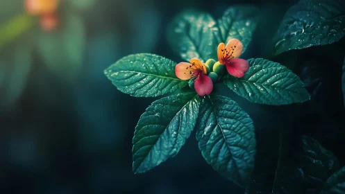 Macro botanical study of twinned orange-pink flowers on wet foliage.