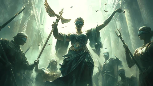 Blindfolded warrior goddess leads spectral tribunal procession