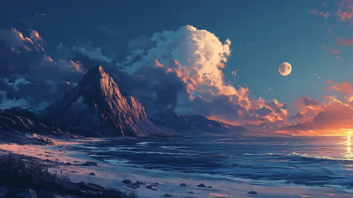 Moonlit mountain shore glowing under a dreamy sunset.