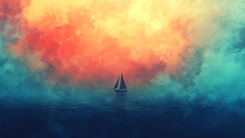 Lone sailboat moves across calm water under vivid sky