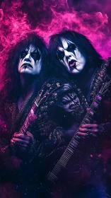 Dual guitarists in corpse paint amid pink and purple smoke.
