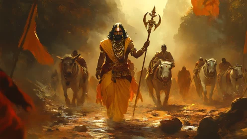 Warrior priest leads sacred procession through golden dust