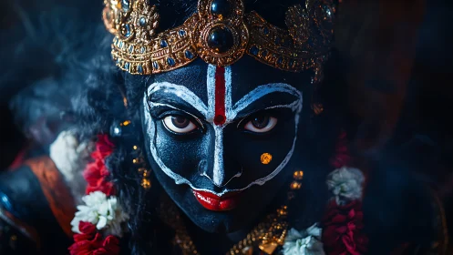 Intense festival portrait in dramatic ritual face paint.