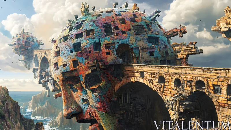 Fragmented stone heads integrated into coastal viaducts.