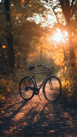 Bicycle on Forest Path Under Golden Hour Illumination.