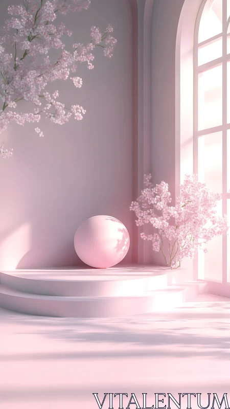 Soft pink sphere rests in a sunlit blossom filled room