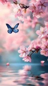 Blue butterfly flies near cherry blossoms above rippling water