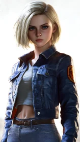 Hyper-detailed blonde heroine in worn blue leather jacket portrait