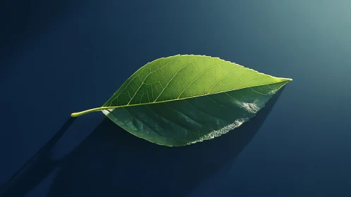 Single green leaf under strong directional studio light.