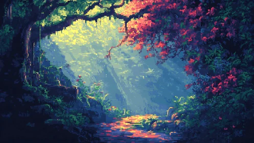 Pixelated Forest Cavern with Luminous Canopy and Neon Water