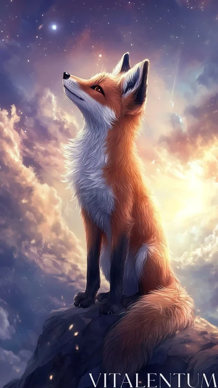 Fox on rocky peak against illuminated clouded sky.