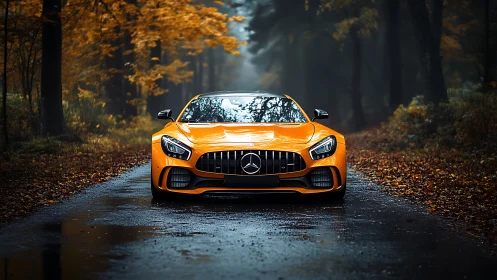 Orange sports car glows on a misty autumn forest road